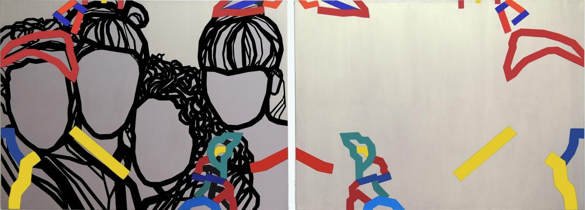 Title: "Four girls faces" / size: Diptych - 2 x (150 x 110) cm / acrylic on canvas stretcher